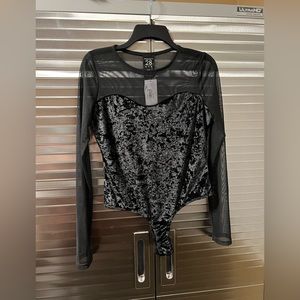 NWT Black Velvet and Mesh Long Sleeve Bodysuit Large